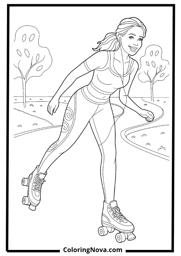 Woman Roller Skating in Park with Earbuds Coloring Page