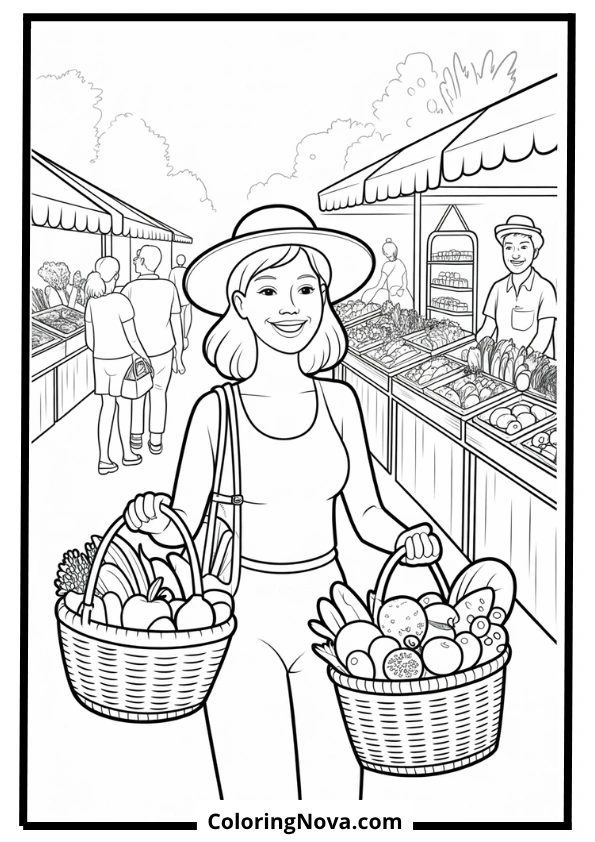 Woman Shopping at Farmer’s Market Coloring Page