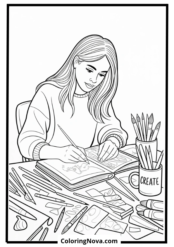 Woman Sketching at Messy Desk Coloring Page
