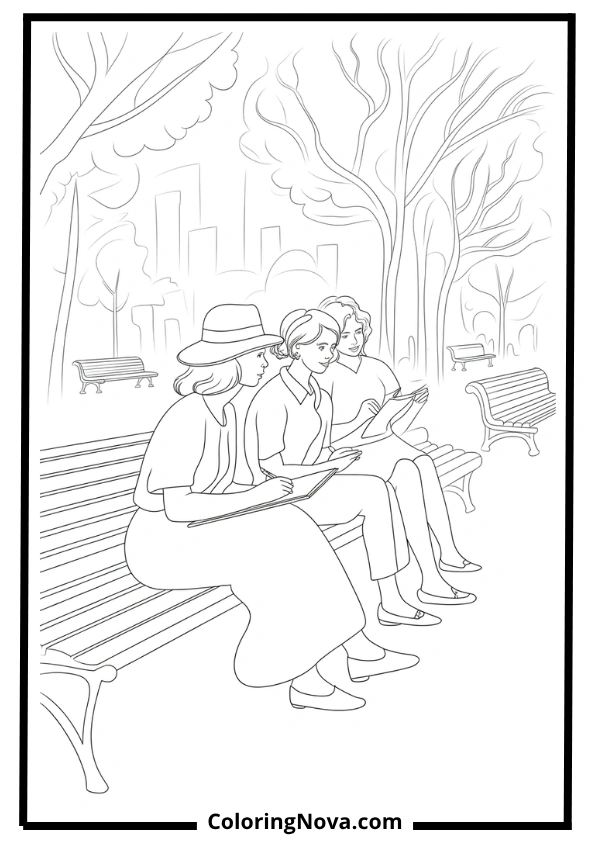 Woman Sketching in Urban Park Coloring Page