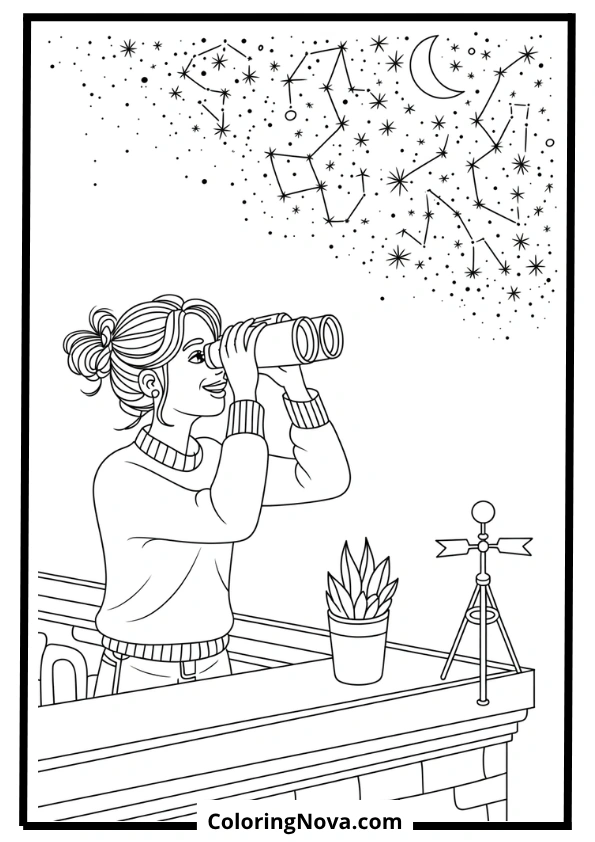 Woman Stargazing with Binoculars on Rooftop Coloring Page