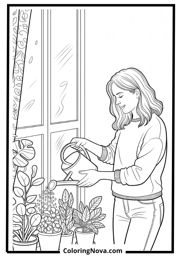 Woman Watering Indoor Plants by Window Coloring Page