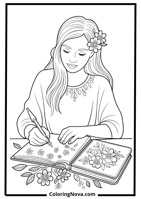 Woman Writing Affirmations in Journal Coloring Page