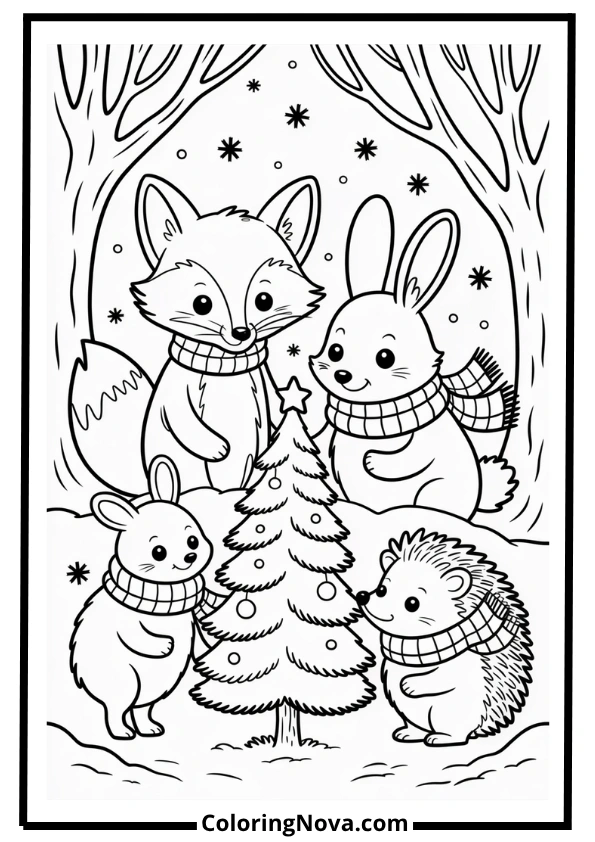 Woodland Animals at Christmas Coloring Page