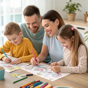 Family coloring pages activity – parents and kids coloring printable designs like unicorns, cartoons, and animals together at home.
