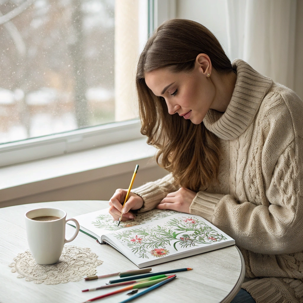 Woman coloring a detailed floral design in an adult coloring book, wearing a beige sweater, sitting at a table with coffee and pencils.