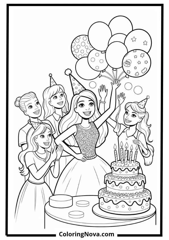 barbie birthday party coloring page