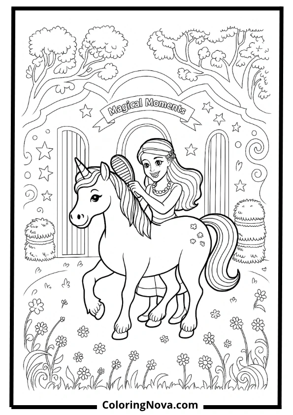 barbie brushing unicorn coloring page