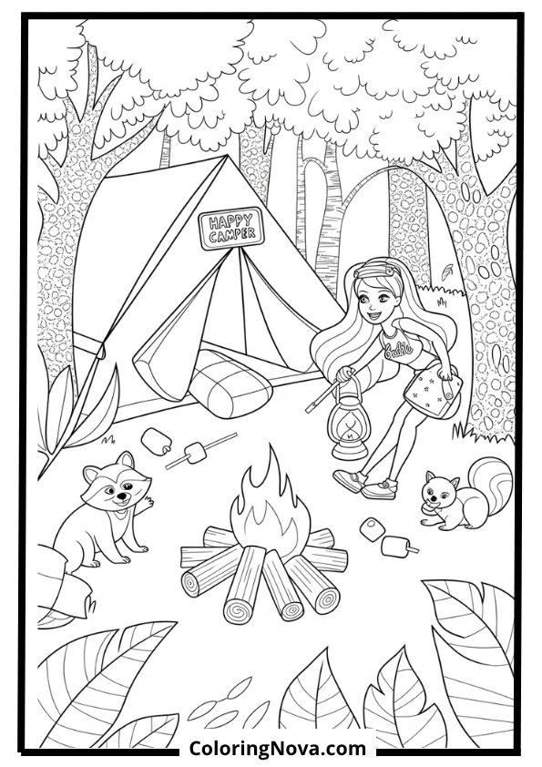 barbie camping in woods coloring page