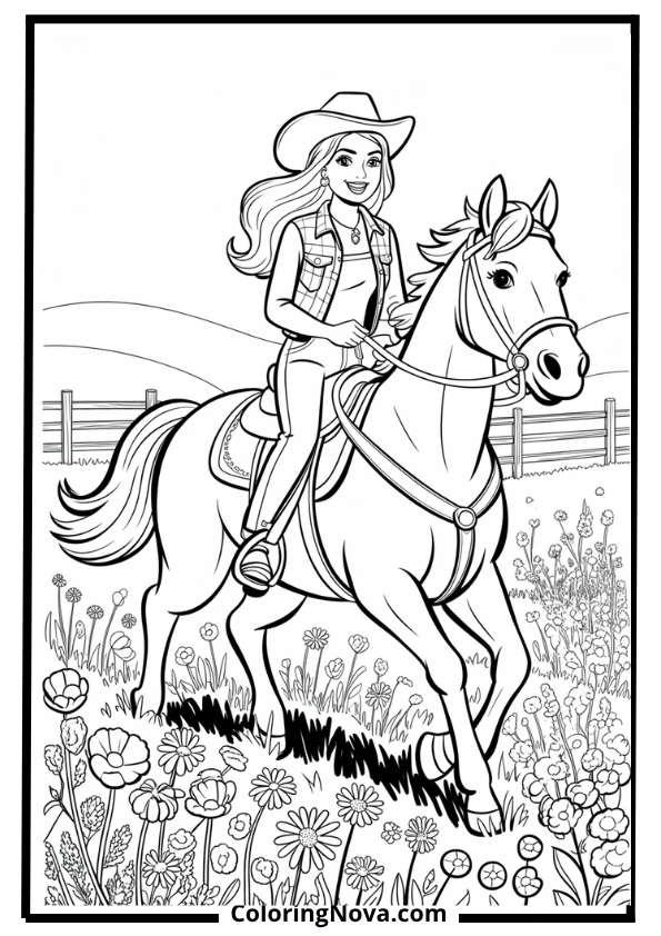 barbie cowgirl riding horse coloring page