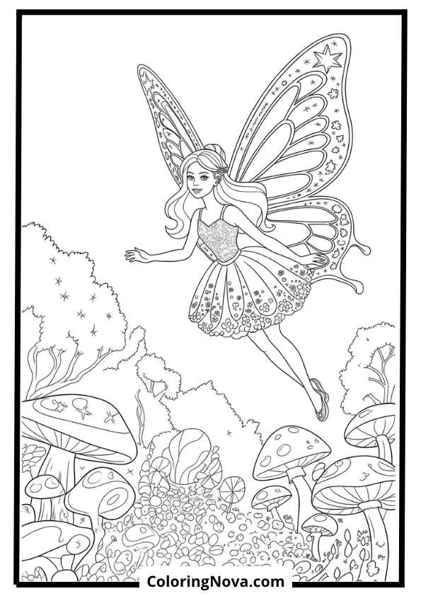 barbie fairy in magical forest coloring page