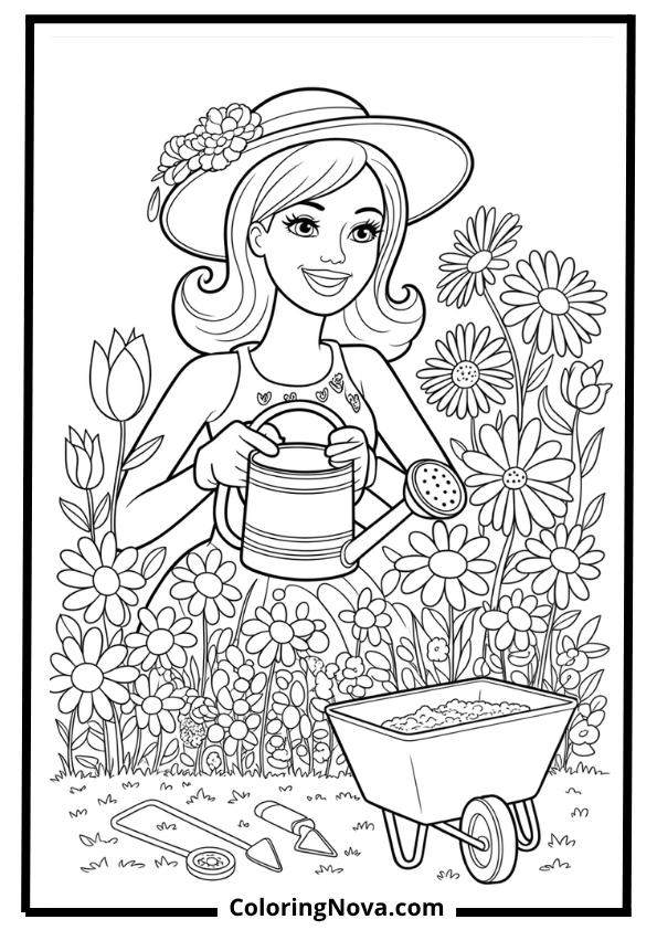 barbie gardening flower planting coloring page