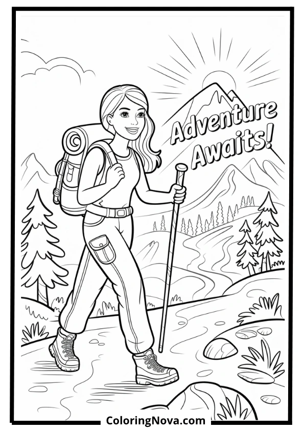 barbie hiking in mountains coloring page