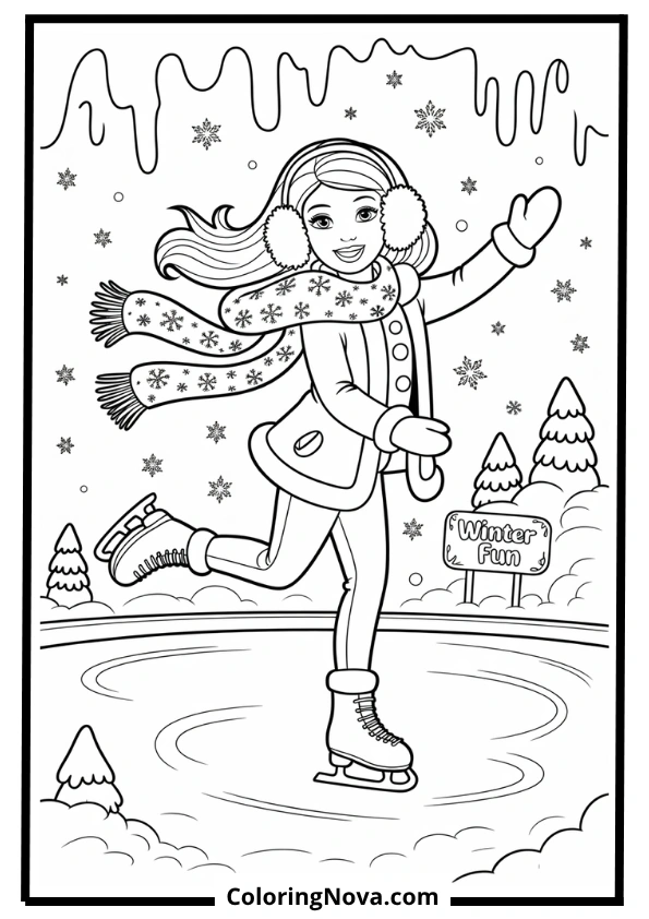 barbie ice skating winter coloring page