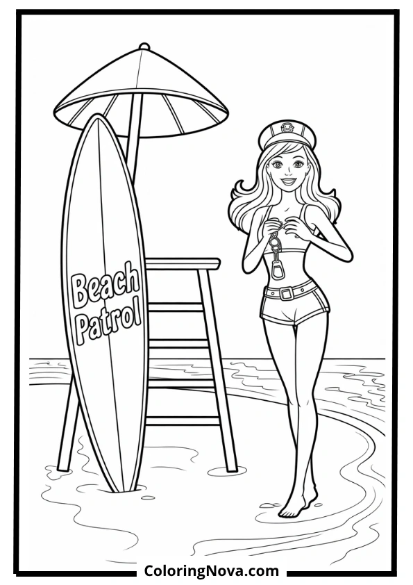 barbie lifeguard at beach coloring page