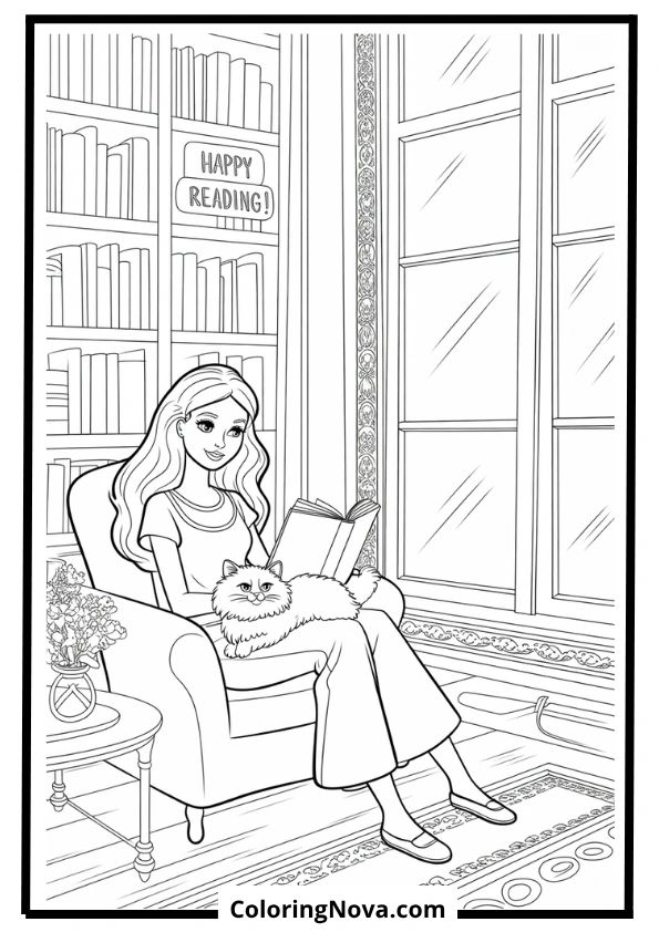 barbie reading in library coloring page