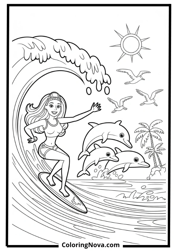 barbie surfing at beach coloring page