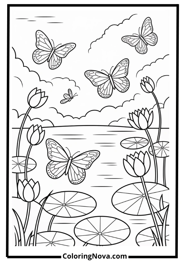 Butterflies Above Lotus Pond Coloring Page
