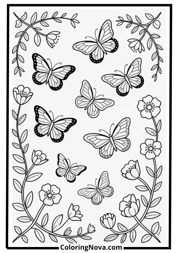Butterflies With Vines And Flowers Coloring Page