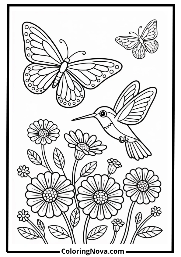 Butterfly And Hummingbird With Flowers Coloring Page