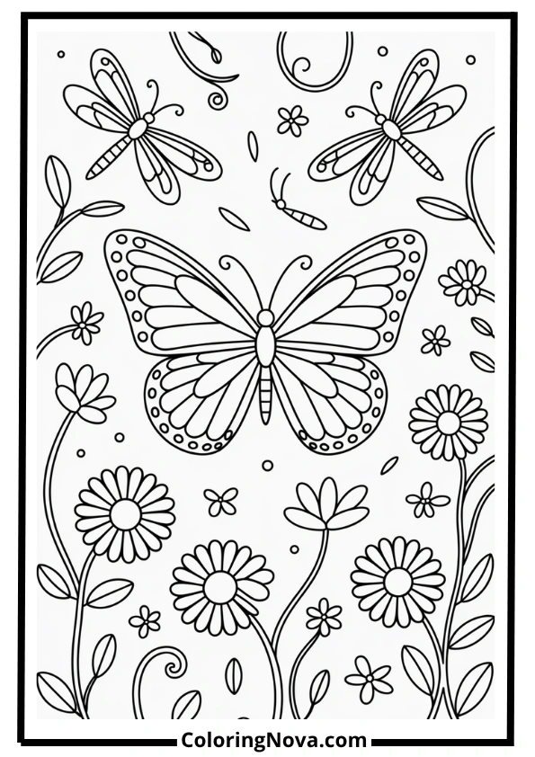 Butterfly Garden With Dragonflies Coloring Page