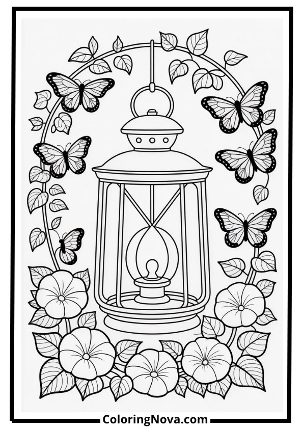 Butterfly Near Lantern And Ivy Coloring Page