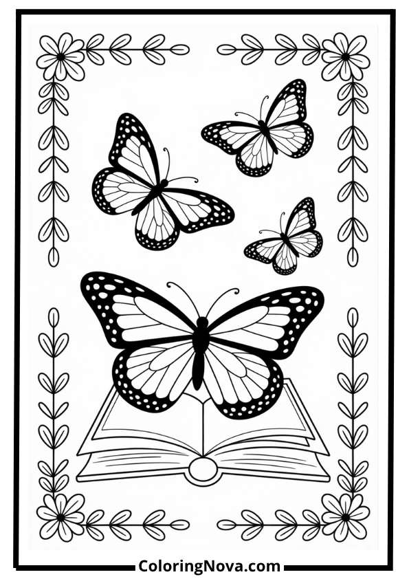 Butterfly On Book With Floral Borders Coloring Page