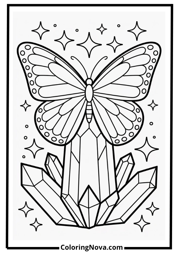 Butterfly On Crystal With Magic Sparkles Coloring Page