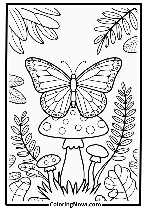 Butterfly On Mushroom In Forest Coloring Page