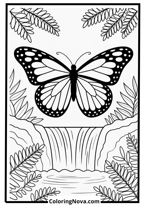Butterfly Over Waterfall With Ferns Coloring Page