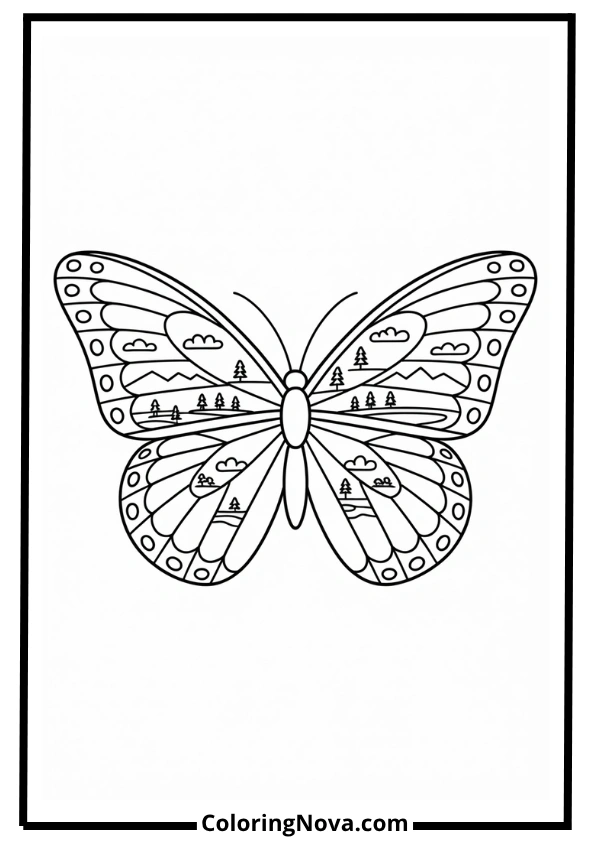 Butterfly Wings With Nature Landscape Coloring Page