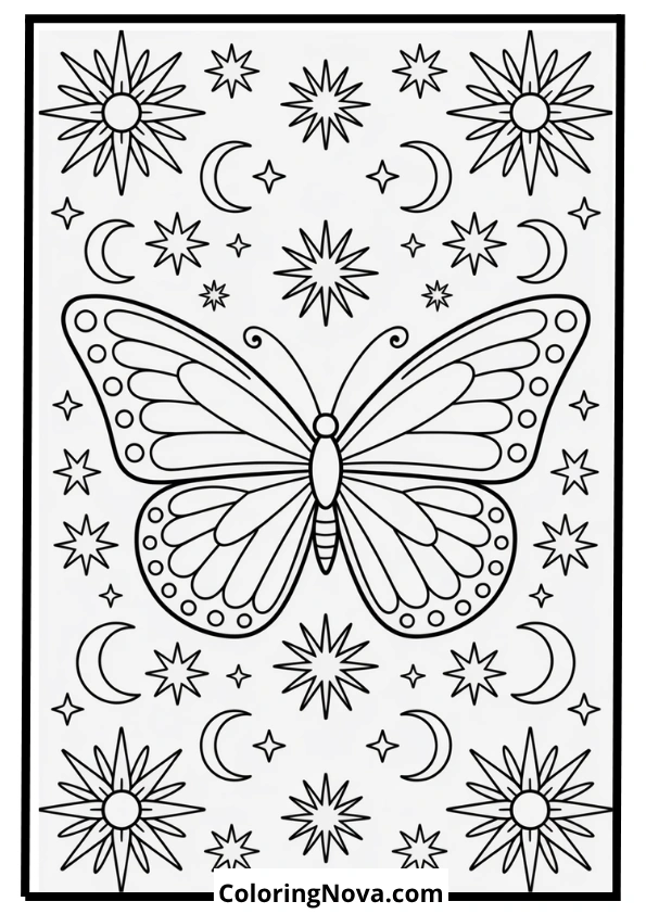 Celestial Butterfly With Stars And Moon Coloring Page