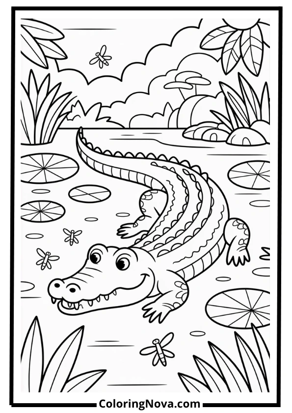 Crocodile by Jungle Pond Coloring Page