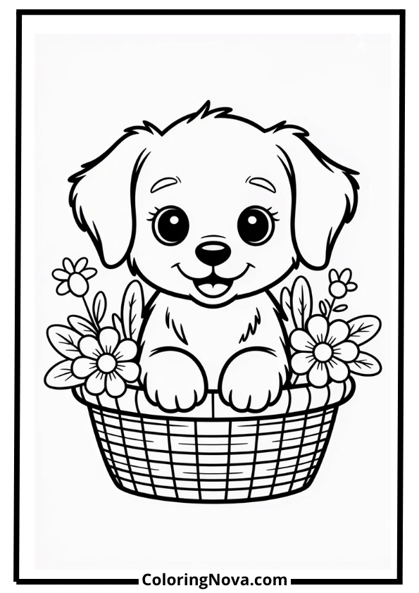 Cute Puppy in Basket Coloring Page