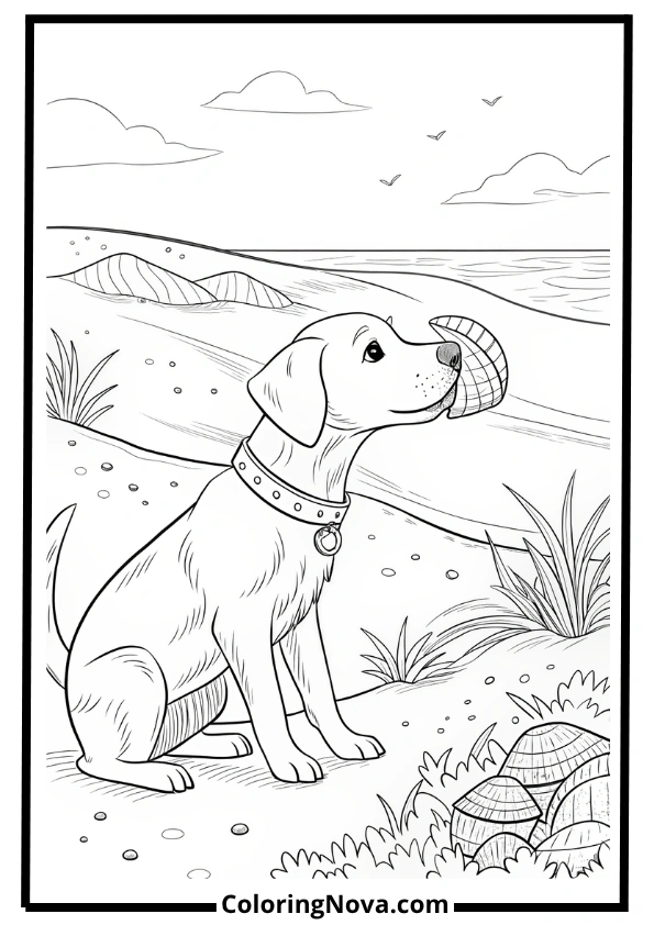Dog Exploring Beach with Shell Coloring Page