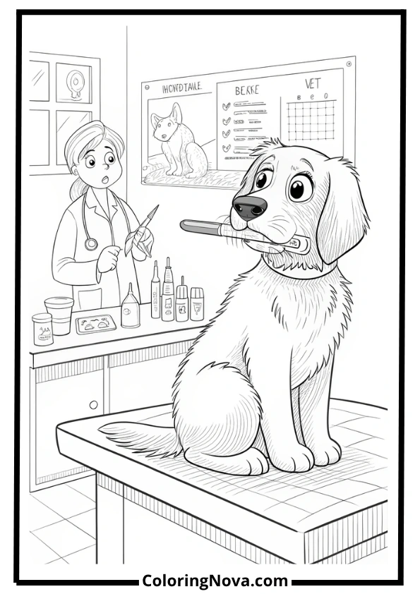 Dog at Vet with Thermometer Coloring Page