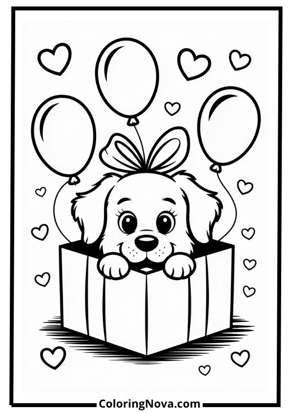 Dog in Gift Box with Balloons Coloring Page