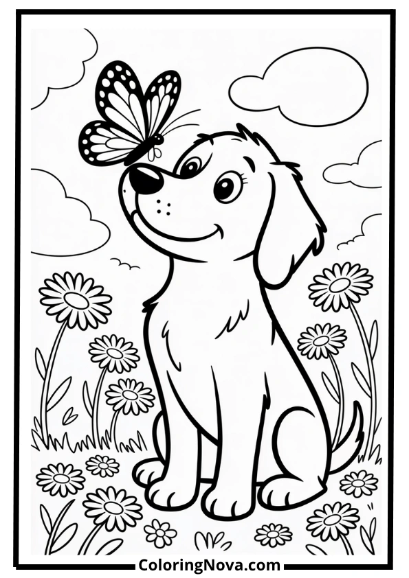 Dog with Butterfly on Nose Coloring Page