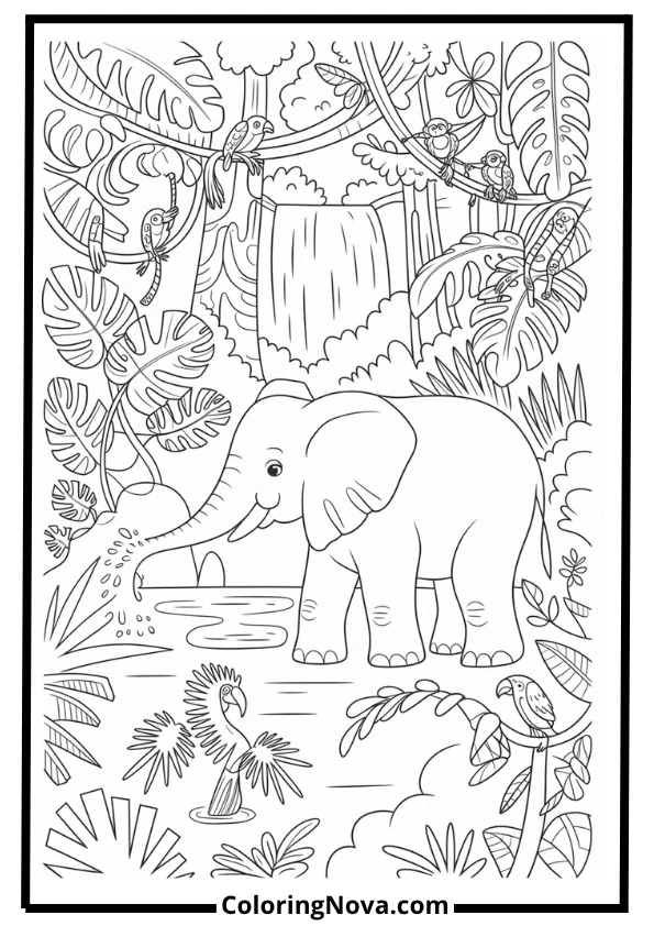 Elephant, Zebra, and Jungle Birds Coloring Page