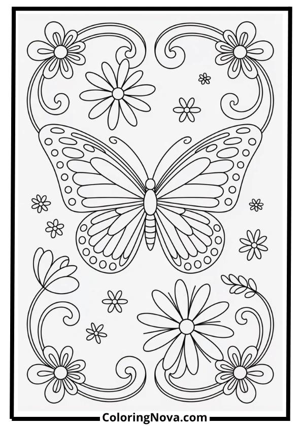 Fantasy Butterfly With Abstract Flowers Coloring Page
