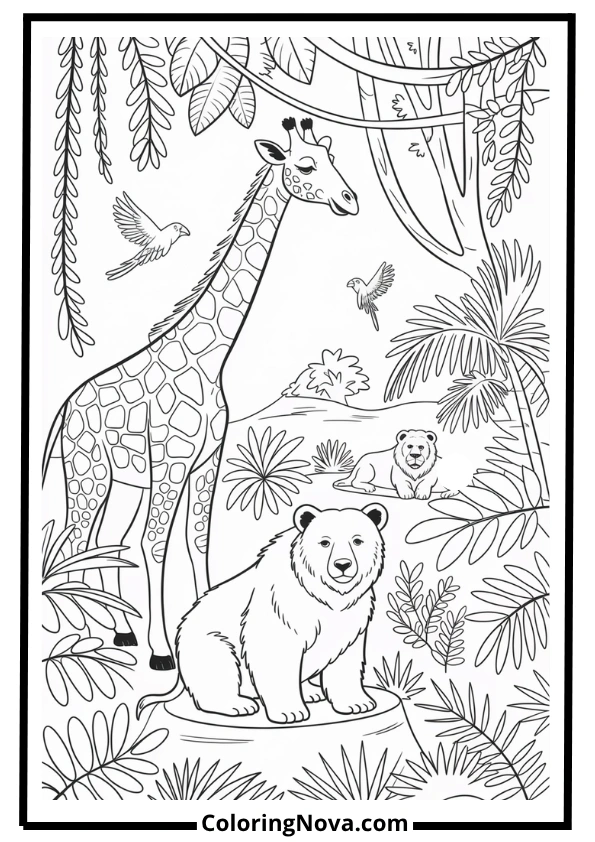 Giraffe, Bear, and Lions Jungle Scene Coloring Page