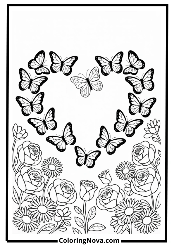 Heart Shaped Butterfly Flower Scene Coloring Page