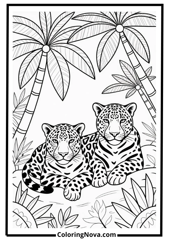 Jaguars under Palm Trees Coloring Page