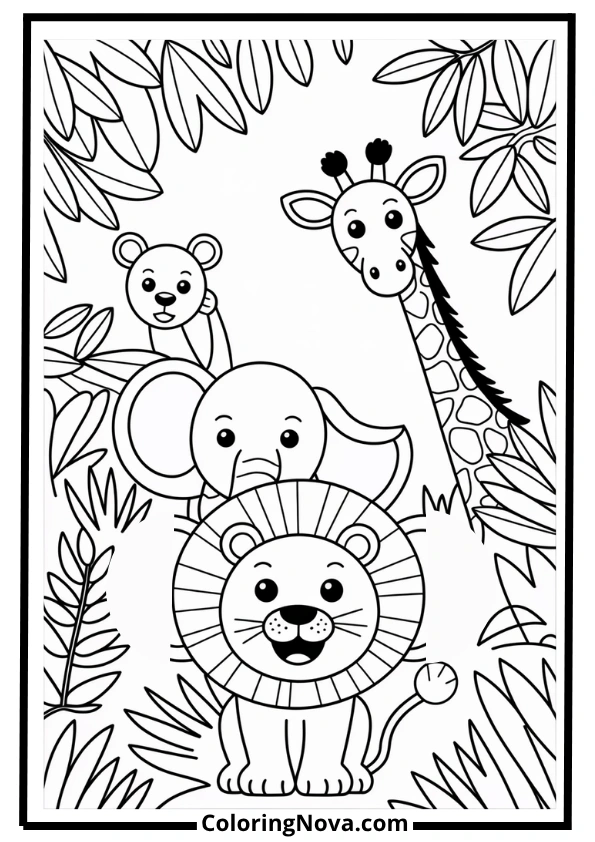 Jungle Animals Peeking Coloring Page