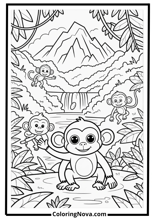 Jungle Mountain and Waterfalls Coloring Page