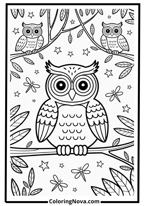 Jungle Night with Owls Coloring Page