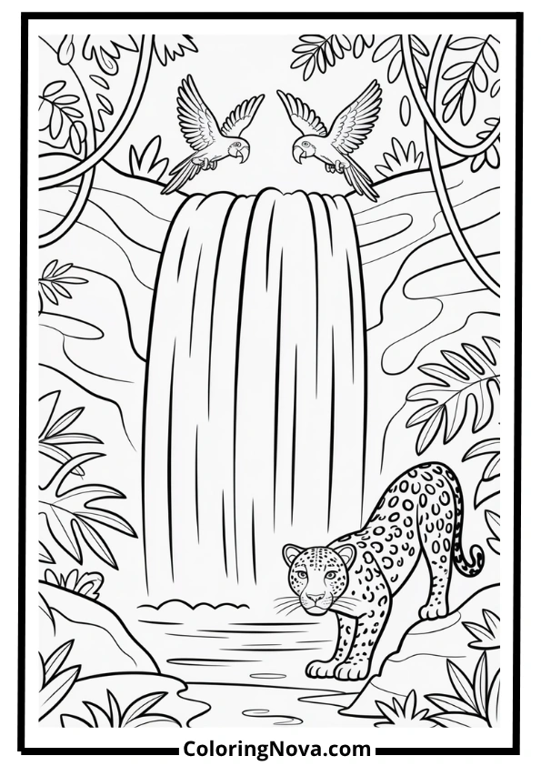 Jungle Waterfall and Leopard Coloring Page