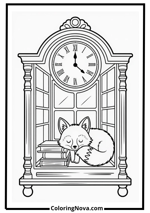 Little Fox Reading Nook in a Clock coloring page