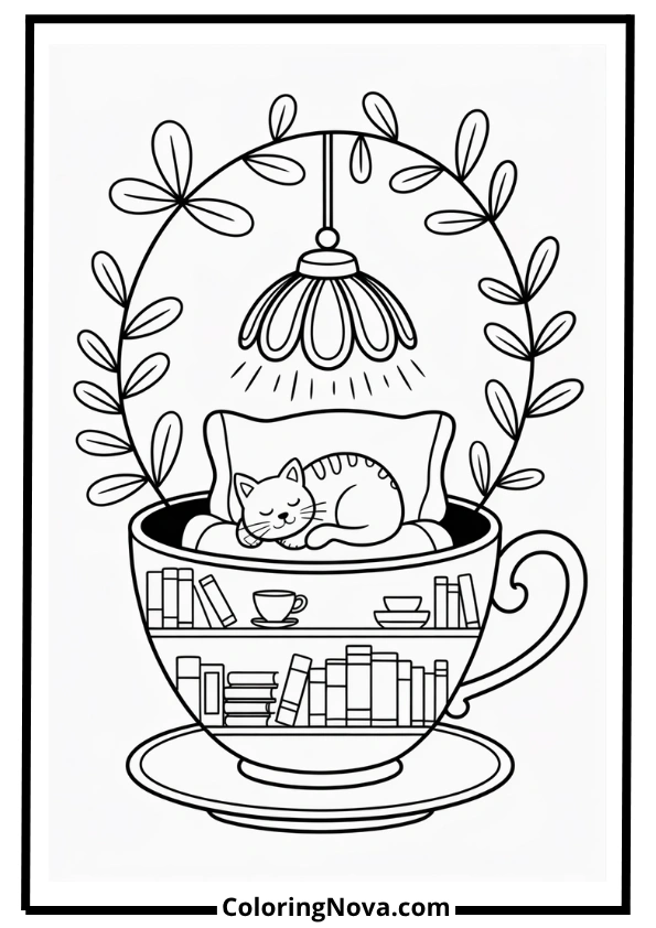 Mini Book Café in Teacup coloring page