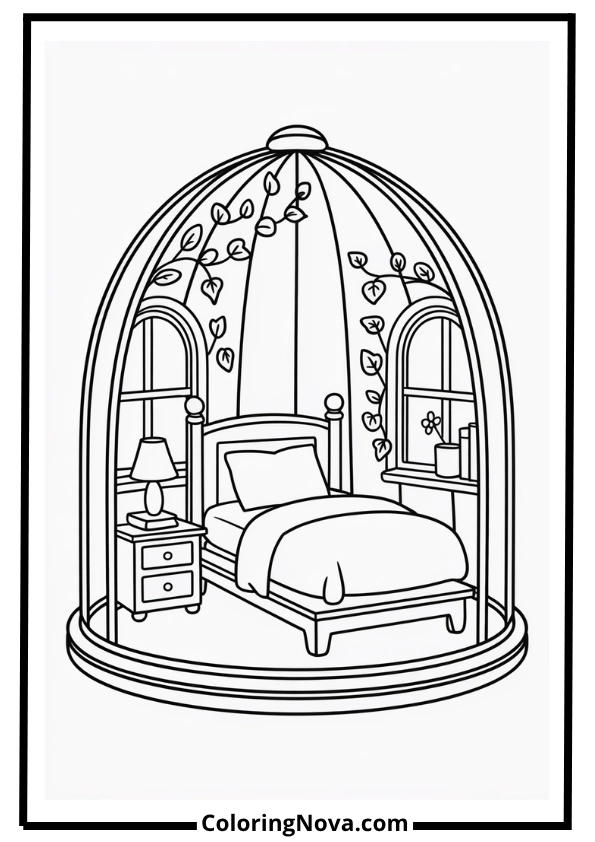 Miniature Forest Bedroom in Glass Dome coloring page
